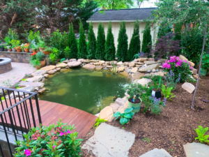 A pond surrounded by rocks and flowers in the yard.